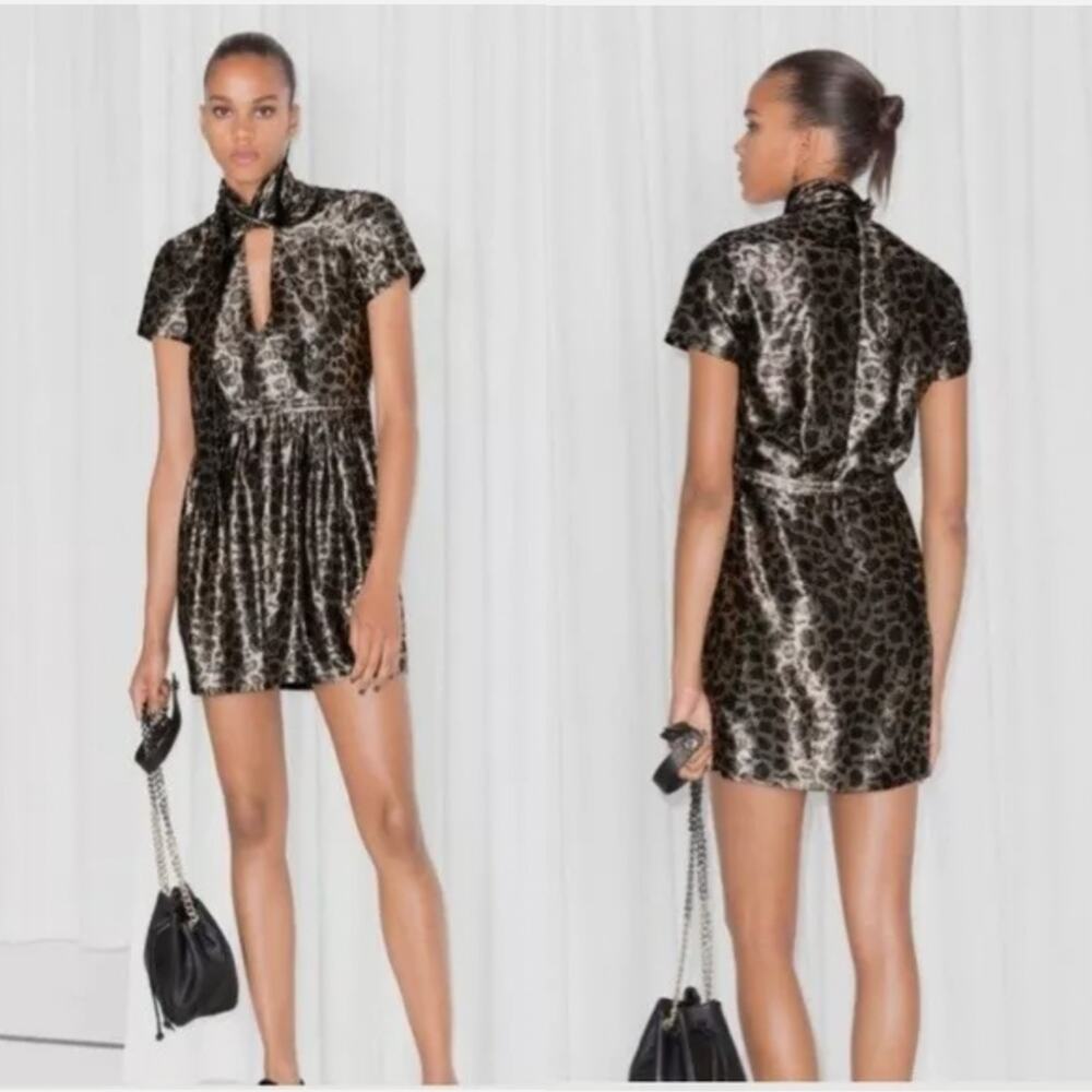 & Other Stories Leopard Jacquard Mini Dress Metallic Neck Tie 4 Party Club Chic